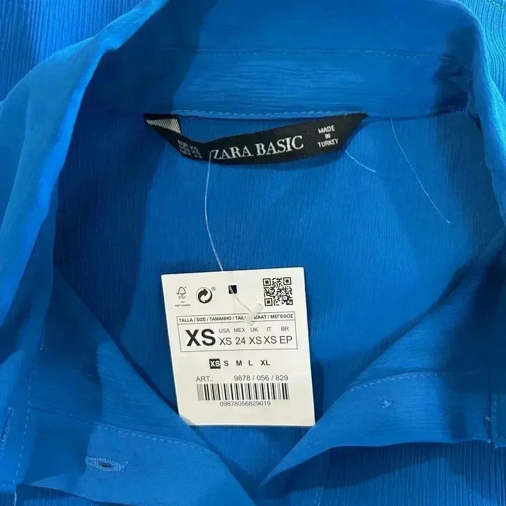 NWT Zara Basic Blue Mesh Ruffled Long Sleeve Button-Down Shirt Size XS - Picture 5 of 6